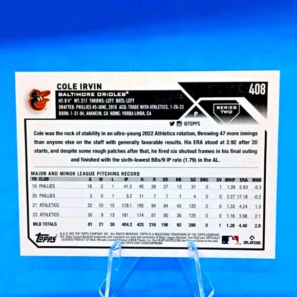 2023 Topps Complete Set - Cole Irvin #408 Gold Star - Picture 4 of 4